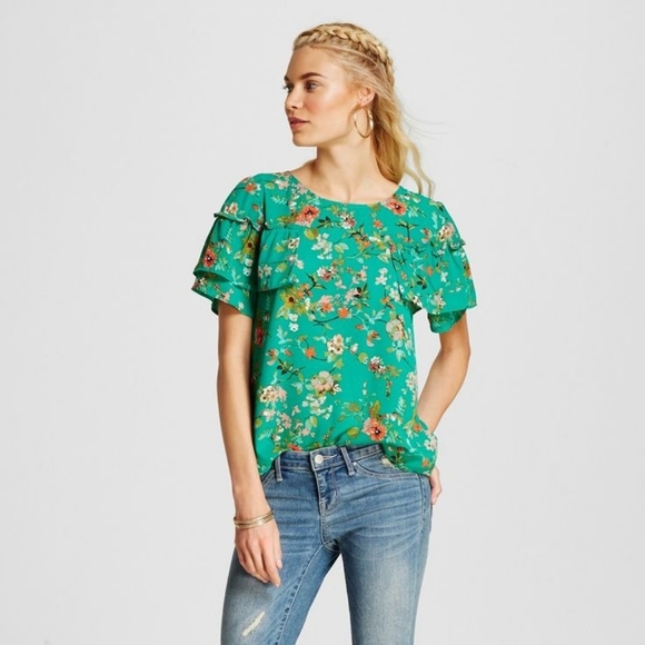 Xhilaration Tops - Xhilaration Green Floral Ruffled Short Sleeve Shirt Blouse Size M Boho Feminine